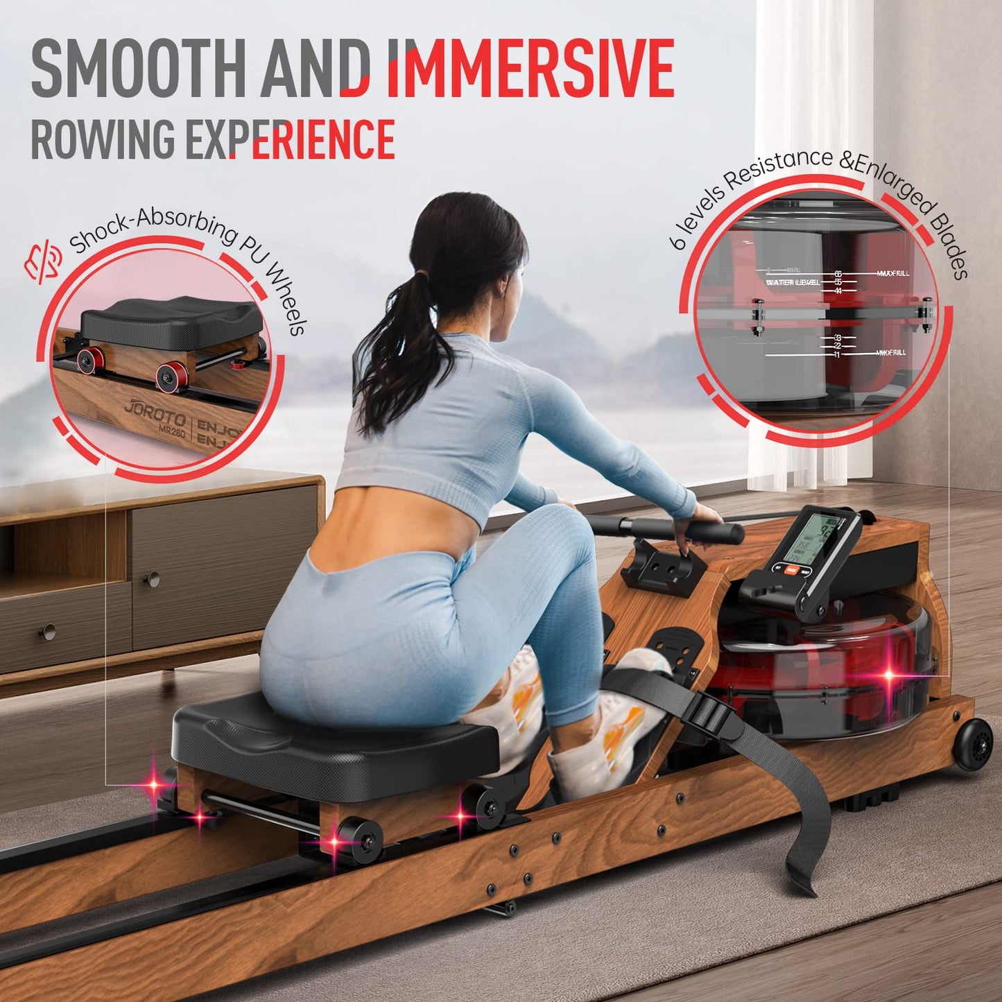 JOROTO MR280 Rowing Machine for Home Gym, Oak Wood Foldable Rower Machine 330lbs Weight Capacity with Bluetooth Monitor, Tablet Holder